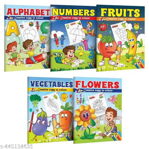Alphabet  Numbers  Fruits  Vegetables and Flowers - Creative Copy to Colour book : Picture Coloring Book for Early Learners  Copy to Colour Book  Children Coloring Book for Ages 3-12 - Combo of 5 Copy Colouring books