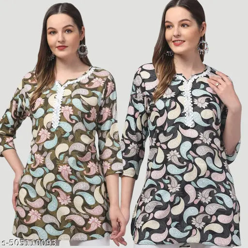 Women printed multicolou rayon embroded short kurti pack of 2