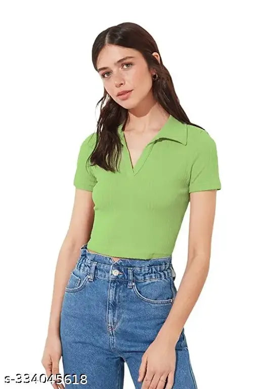 Women Casual Wear Polo Collar Neck Half Sleeve Cotton Blend Ribbed Top for girls and women