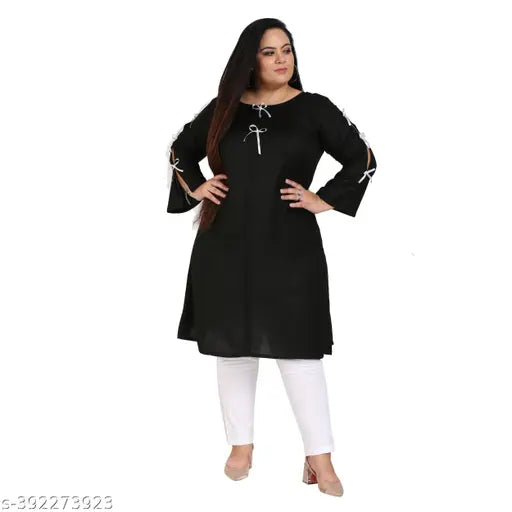 FAZZN Plus Size Black Rayon Straight Round Neck Solid Sleeveless Kurti