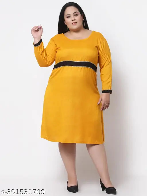 FAZZN Plus Size Customizable Knee-Length Round Neck Yellow Rayon Dress