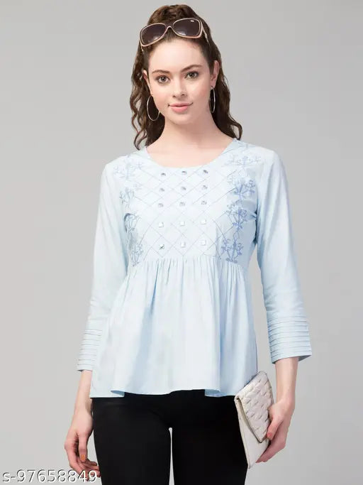 Women Embroidered Cotton Pleated and Gathered Solid Empire Kurta Blue Top for women
