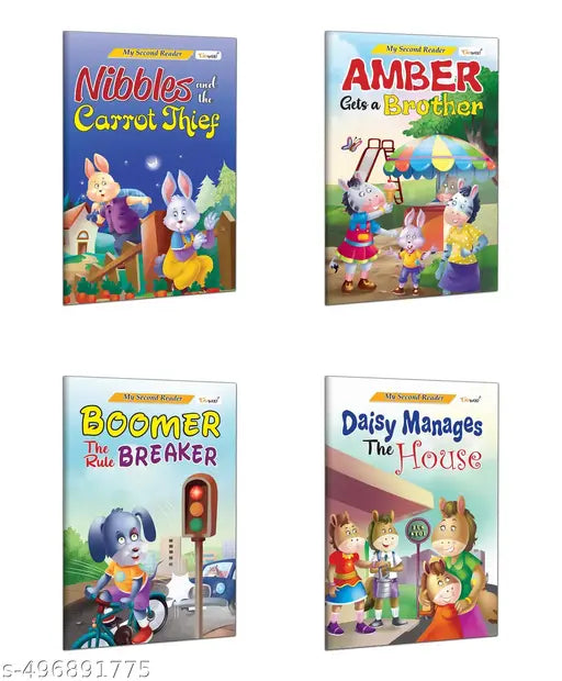 My Second Reader - Amber gets a Brother  Boomer the Rule Breaker  Daisy Manages the House and Nibbles and the Carrot Thief book : Children story book  Toddler storybooks for early learning(Pack of 4)