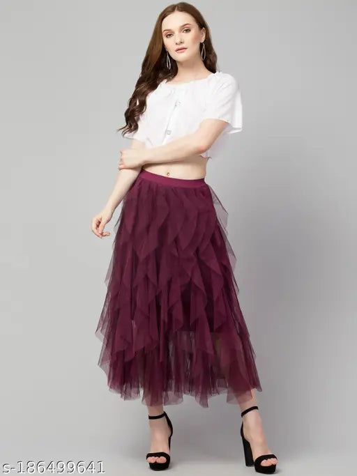 Women Flared Solid Mesh Skirt