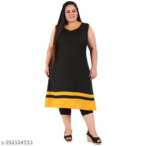 FAZZN Plus Size Customizable Knee Length Solid Rayon Kurti in Black