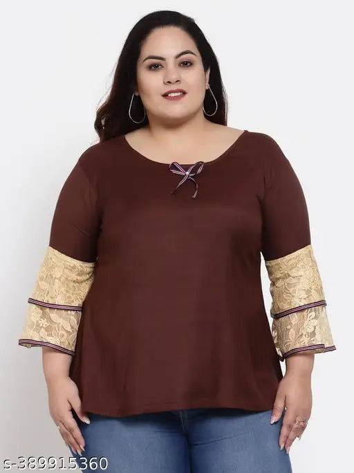 FAZZN Plus Size Brown Solid Round Neck Full Sleeves Rayon Top