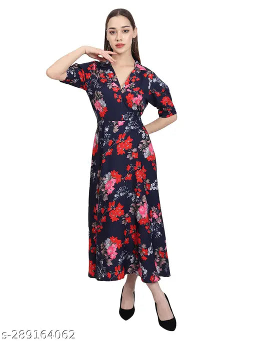 Nature Craft Women Black Crepe V-neck Floral Print Maxi Dress