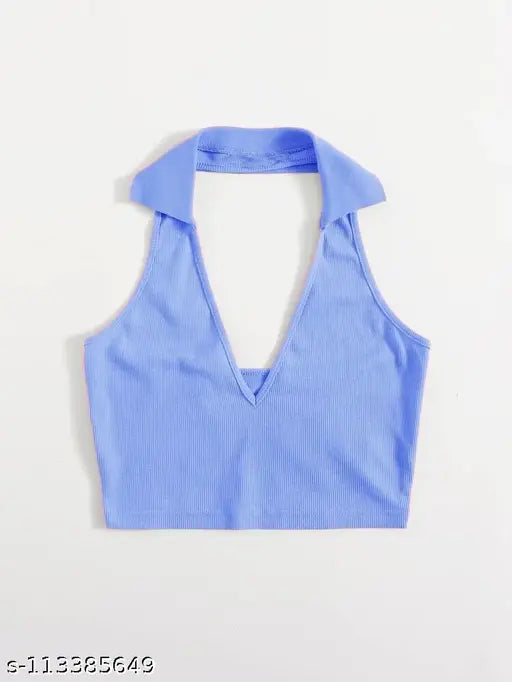 Women Sleveeless Polo Collar Ribbed Solid Crop Tops & Tunics