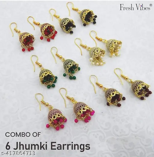 Fresh Vibes Golden Jhumka Earrings Combo for Women (Set of 6) - Small Size Classic Traditional Simple Hanging Jhumke Ear Rings Set