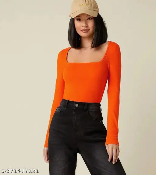 Redamancii Square Neck Full Sleeve Casual Ribbed Top for  Girls and Women