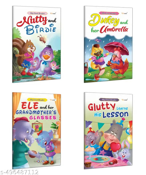 Early Learning Adventure Stories for Kids : Dukey and her Umbrella  Ele and her Grandmother's Glasses  Glutty Learns his Lesson and Nutty and Birdie - Kids story book - Combo of 4 Books