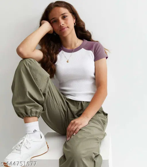 Round Neck Contrast Short Sleeves Casual Top