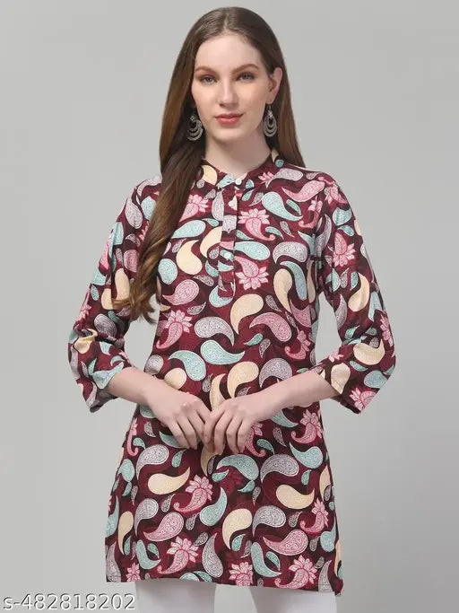 Women printed stylish short 3/4 sleeve rayon kurti