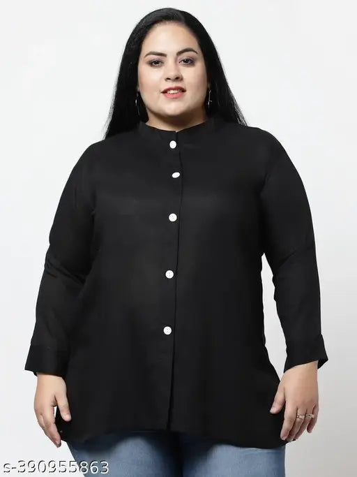 FAZZN Plus Size Black Rayon High Neck Full Sleeves Solid Top