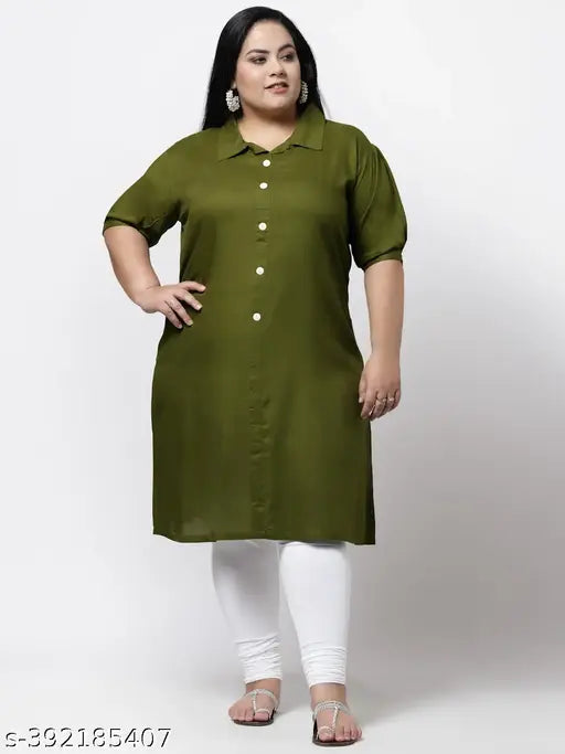 FAZZN Plus Size Green Rayon Straight Kurti with Collared Neck and Half Sleeves