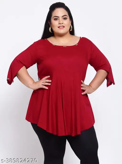 FAZZN Plus-Size Maroon Rayon Boat Neck Three Quarter Sleeves Top