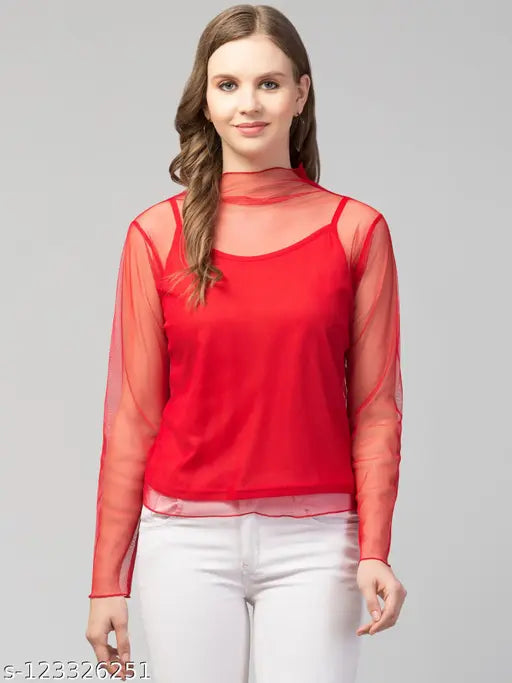Women Girls Solid Mesh Tops & Tunics