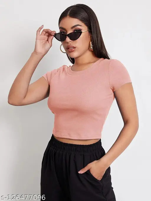 Women Round Neck Half Sleeve Casual Crop Ribbed Top