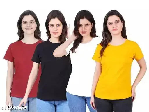 Women's Solid Round Neck Half Sleeve Combo T-shirts - Solid Plain Women's T-shirts Combo Pack of 4 Black  Maroon  White  Mustard Tshirts