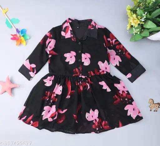 Nature Craft Black Georgette Floral 3/4 Sleeve knee Length Kids Dress