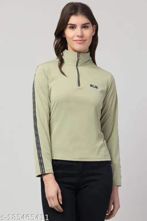 Women Girls Casual Sleeves Solid T-shirt / Neck Zipper Plain T-Shirt Green Top for women
