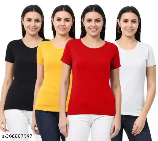 Women's Solid Round Neck Half Sleeve Combo T-shirts - Women's Combo T-shirts Pack of 4 Tshirts 
