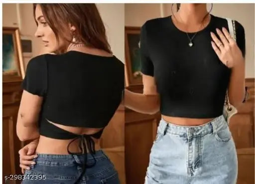 Round Neck Back String Short Sleeve Top