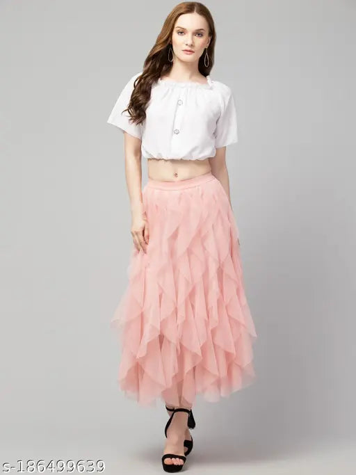 Women Flared Solid Mesh Skirt