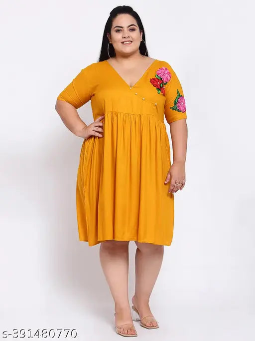 FAZZN Plus Size Customizable Knee-Length V-Neck Rayon Dress in Yellow