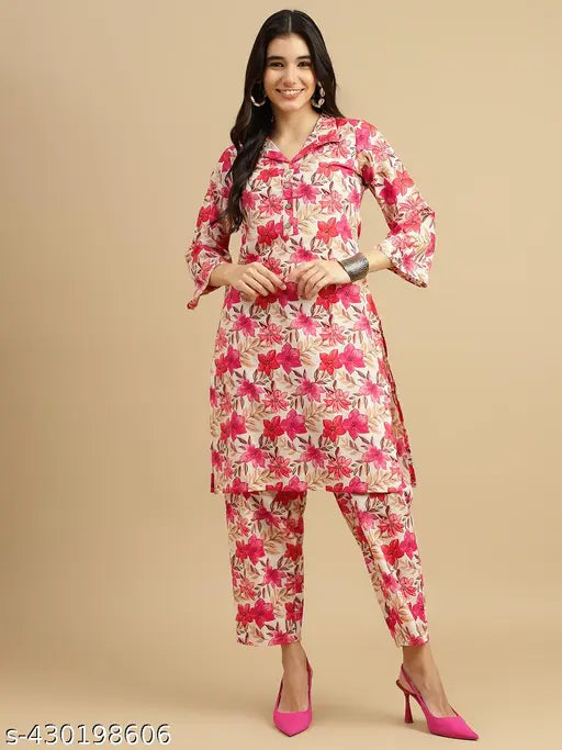 J Turritopsis Women's Poly Cotton Printed Kurta with Pant Co-ords Set