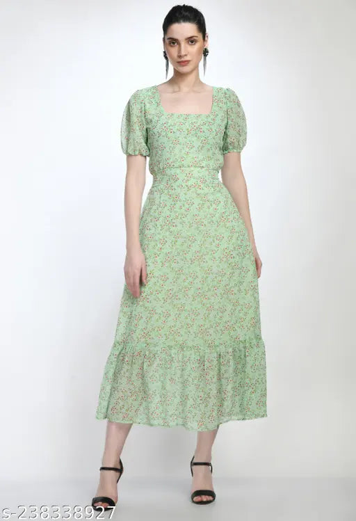 Elegant Floral Printed Georgette A-Line Dress