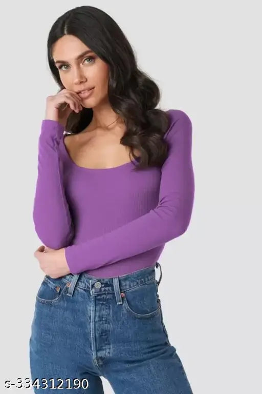 Women Casual Wear Deep Round Neck Full Sleeve Cotton Blend Ribbed Top for women and girls