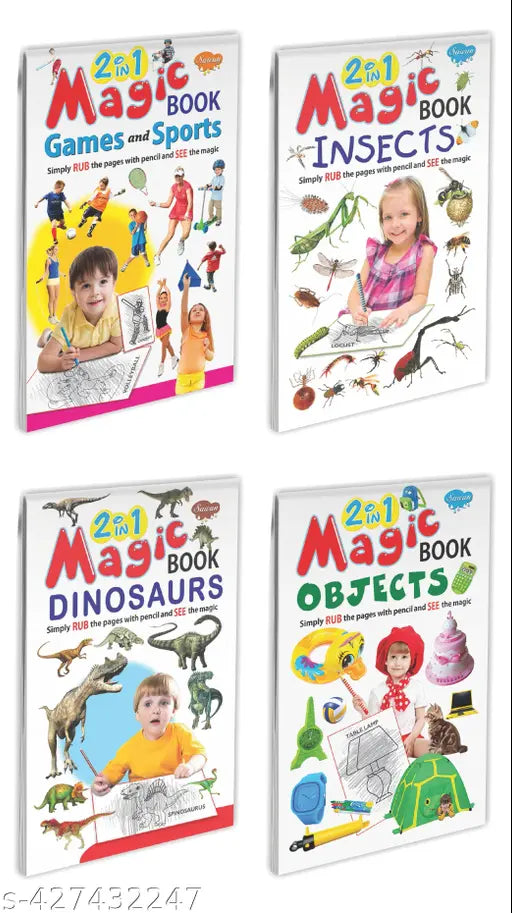 2 in 1 Magic Book of Games and Sports-Toys  Birds-Insects  Dinosaurs-Sea Animals and Shapes-Objects : Magic books for kids  Pencil activity book  Pencil shading book for kids - Set of 4 pencil shading books