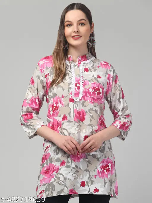 Women printed laces 3/4 sleeve rayon short kurti