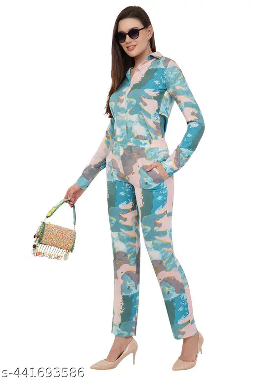 Women Stylish Cotton Blend Korean Abstract Printed Cuffed Full Sleeves Shirt And Bottom Co-ord Set With Front Pockets For Beach And Summer Occasions Casual And Party Wear