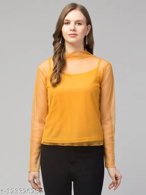 Women Girls Solid Mesh Tops & Tunics