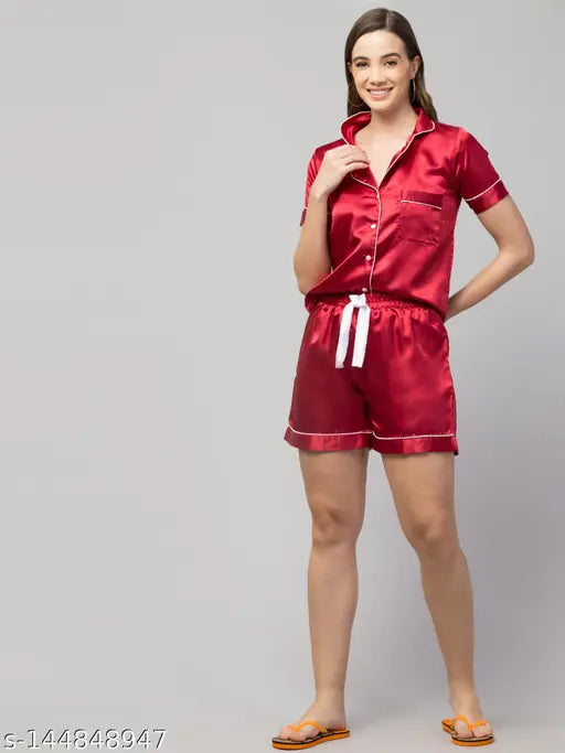 Women Solid Satin Night Suit Set
