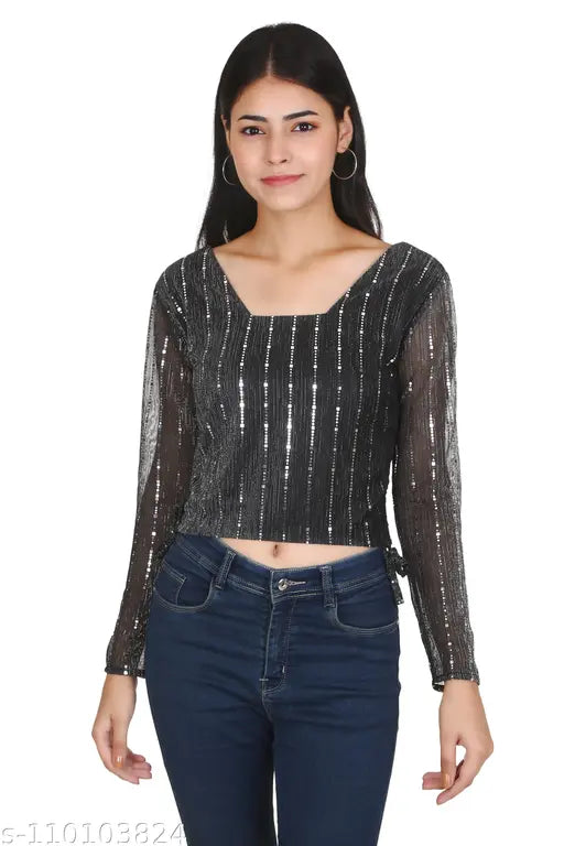 Women Drawstring Solid Shimmer Top