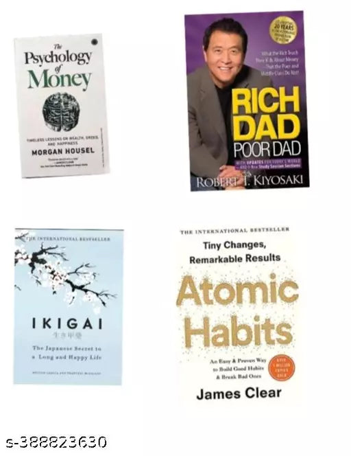 Combo Of 4 Book :- Atomic Habits + The Psychology + Ikigai + Rich Dad Poor dad (English  Paperback   James Clear  Morgan Housel  Gracia Hector Robert T.
