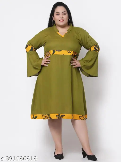 FAZZN Plus Size Customizable Knee-Length V Neck Flared Full Sleeves Rayon Dress in Green