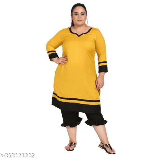 FAZZN Plus Size Yellow Rayon Straight V Neck Kurti