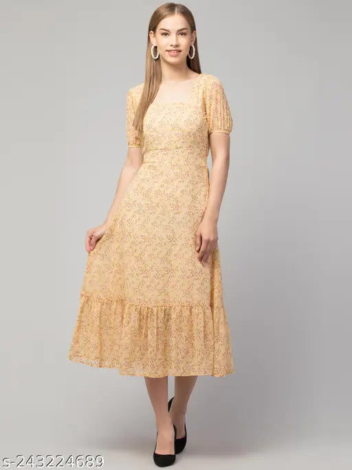 Stylish Floral Printed Georgette A-Line Dress
