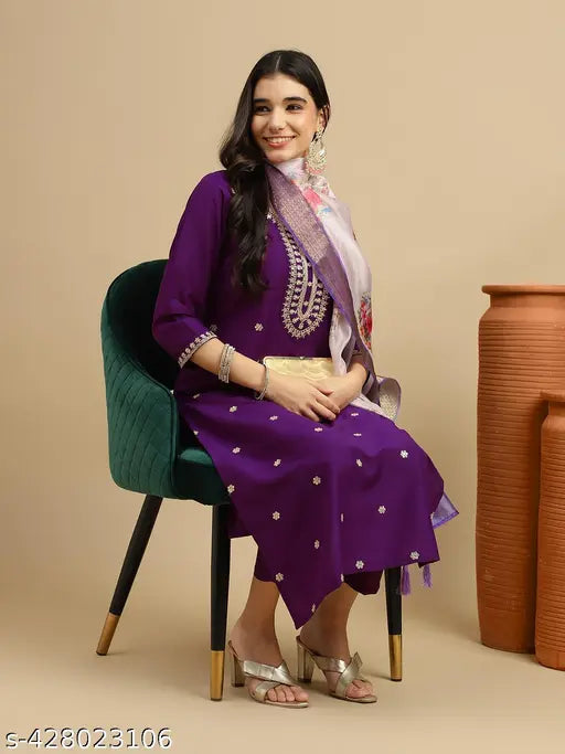 Women's Chinon Kurta & Pant with Dupatta Set
