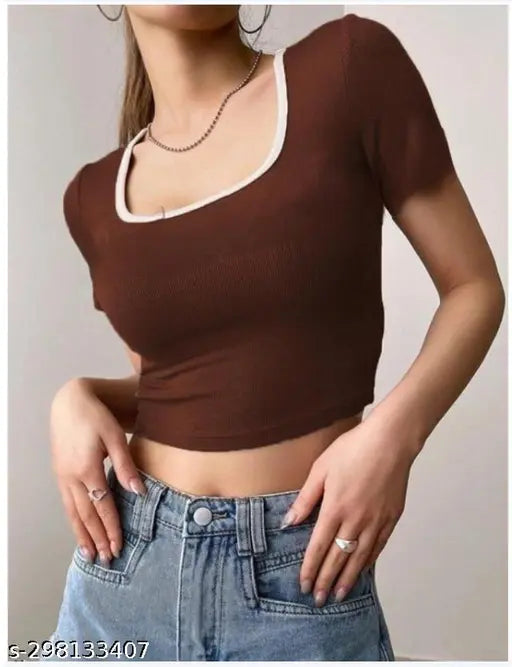 Deep Neck Short Sleeve Contrast Top