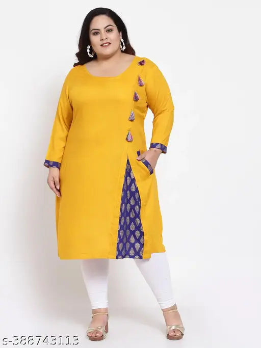 FAZZN Plus Size Knee-Length Rayon Yellow Kurti with Full Sleeves