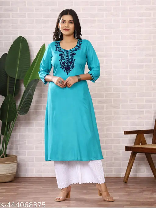 Aqua Ethnic Motifs Embroidered Round Neck Thread Work A-line Kurti Dress
