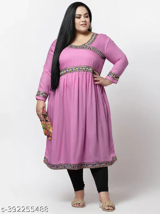FAZZN Plus Size Rayon Angrakha Kurti in Pink Calf Length