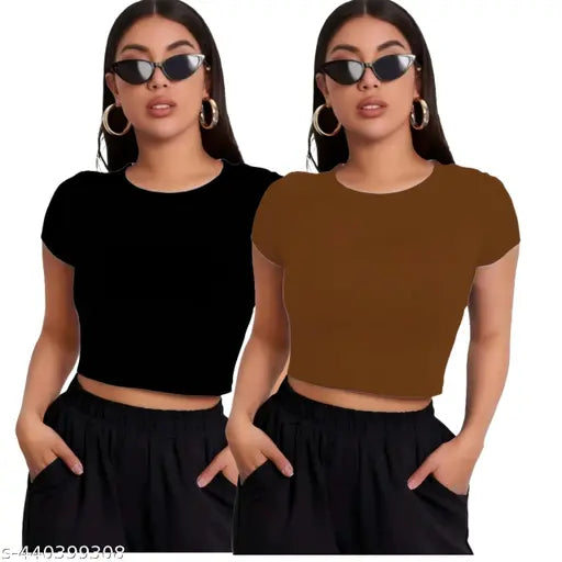 Combo (Pack Of 2 ) Round Neck Short Sleeve Fashionable Top For Woman