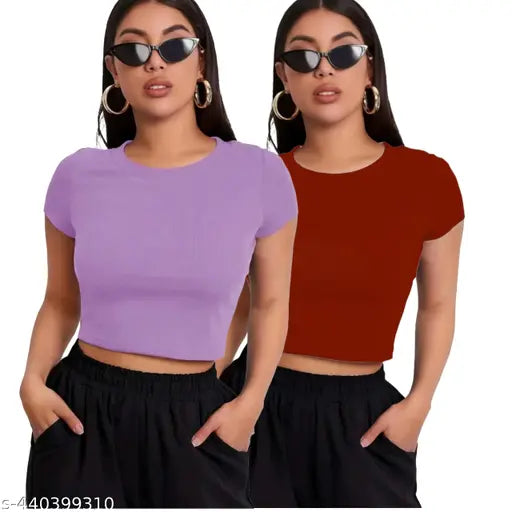 Combo (Pack Of 2 ) Round Neck Short Sleeve Fashionable Top For Woman