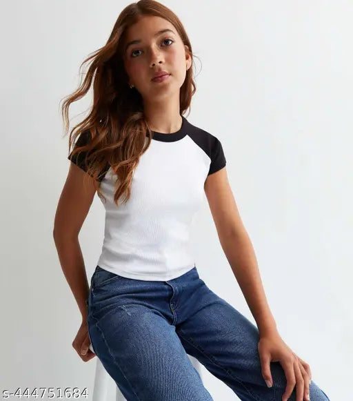 Round Neck Contrast Short Sleeves Casual Top